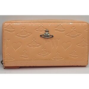 VIVIENNE WESTWOOD Embossed Orb Heart Logo Patent Leather Zip Wallet Peach Pink